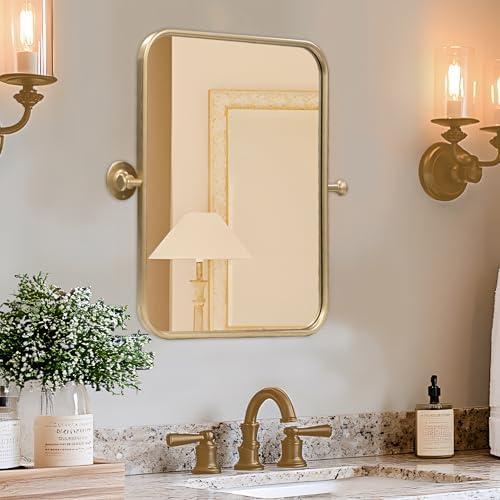 SeekElegant Gold 20" X 24" Pivot Mirror for Bathroom, Metal Frame Rounded Rectangle Mirror, Tilting Vanity Mirror for Wall Mounted, Hangs Vertical Only, Overall 24.49 x 24 Inches