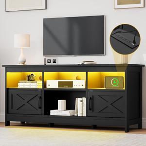 DWVO Farmhouse TV Stand for 65 Inch TV, Black Entertainment Center with LED Lights & Power Outlet, TV Media Console with Storage for Living Room, Black (59")