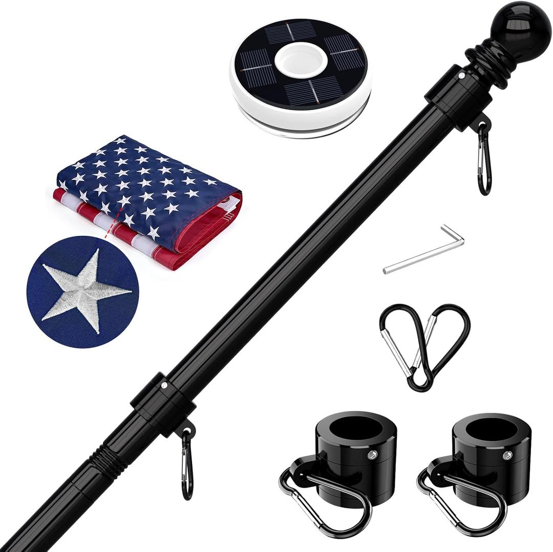 5 FT Flag Pole Kit with Solar Light and 3x5 FT Embroidered American Flag, Stainless Steel Flagpole Kit for Outside House, Residential or Commercial (1 Pack, Black, Without Bracket)