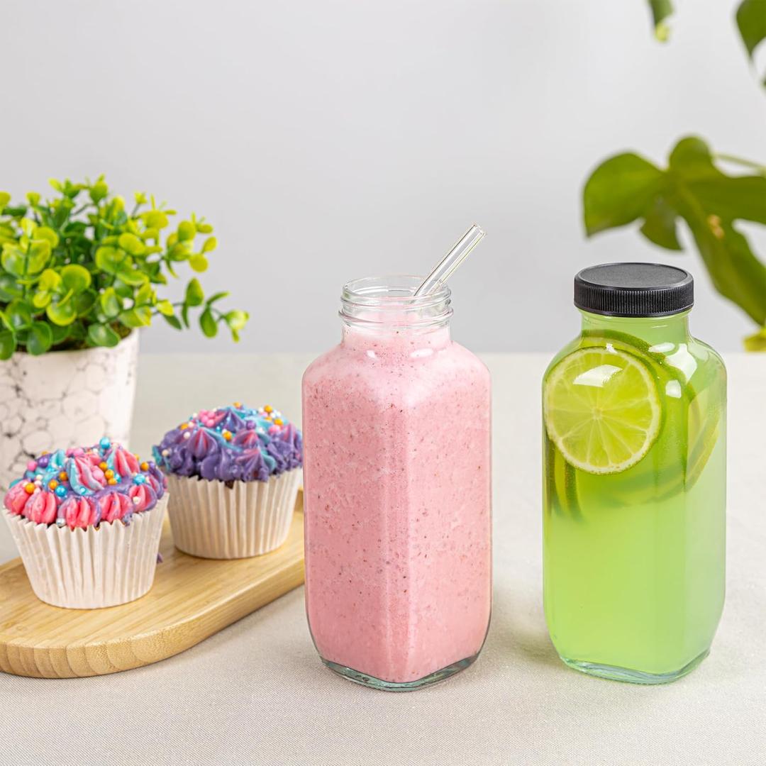 Juice Bottles with Lids, 16 Oz - Set of 2 - Clear Glass Jars with Caps - Reusable Empty Drink Containers for Juicing, Smoothies, Water, Milk, Kombucha Storage, Wellness Shots and More (2)