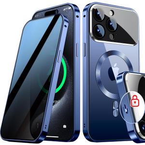 [Full Camera Protection& Mechanical Lock Magnetic Privacy Case for iPhone 15 Pro Max[Compatible with MagSafe] [CD Metal Ring] Full Body Metal Bumper, 9H Anti Peeping Glass Cover-Blue