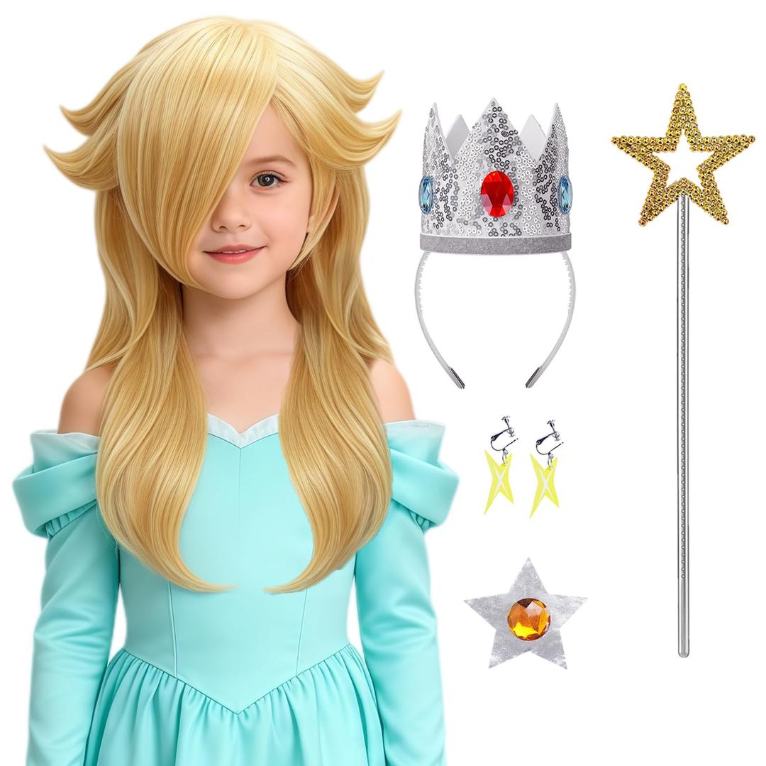 Mildiso 6pcs Girls Blonde Princess Costume Wig for Kids Rosalina Cosplay Halloween with Silver Crown, Wand, Earrings, Brooch, Wig Cap - Long Wavy & Thick Soft & Tangle Resistant & Ready to Wear M136