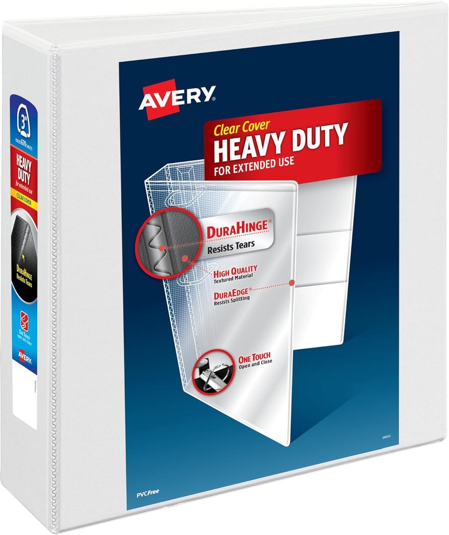 Avery Heavy-Duty View 3 Ring Binder, 3" One Touch EZD Rings, 670-Sheet Capacity, 3.5 Inch Wide Spine, Great for Home, School Supplies, Office, or Organization Needs, 1 White Binder (79193)