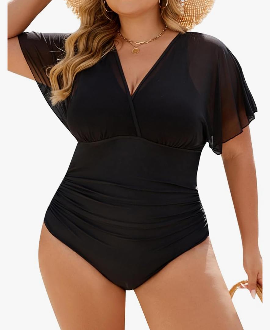 Blooming Jelly Women's Plus Size Swimsuit One Piece Bathing Suit Tummy Control Mesh V Neck Maternity Swimwear, 3XL