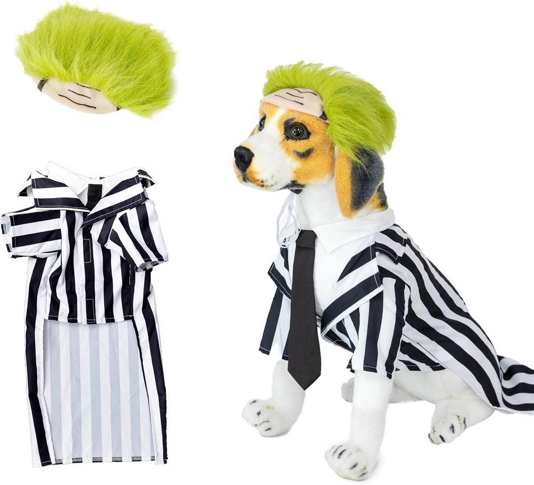 2 x Black Striped Dog Suit wit Green Wig Scientist Dog Costume Pet Costume Cosplay Clothes Outfit Accessories Party Favors (Small, Striped Clothes with Wig)