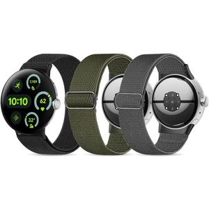 Stretchy Bands Compatible with Google Pixel Watch, 1/3 Pack Adjustable Elastic Nylon Strap for Women & Men (3P-Black+Army Green+Grey)