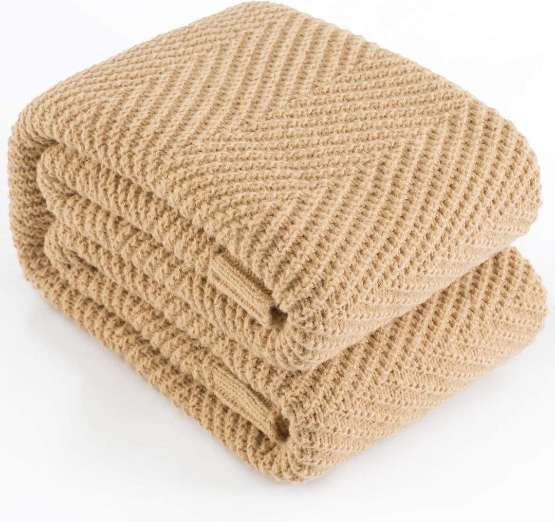 Knitted Throw Blanket 50"X60", Tan Brown Knit Throws for Bed, Super Soft Boho Chevron Blankets for Couch Sofa Chair Room Decor, Textured Decorative Farmhouse Cozy Lightweight