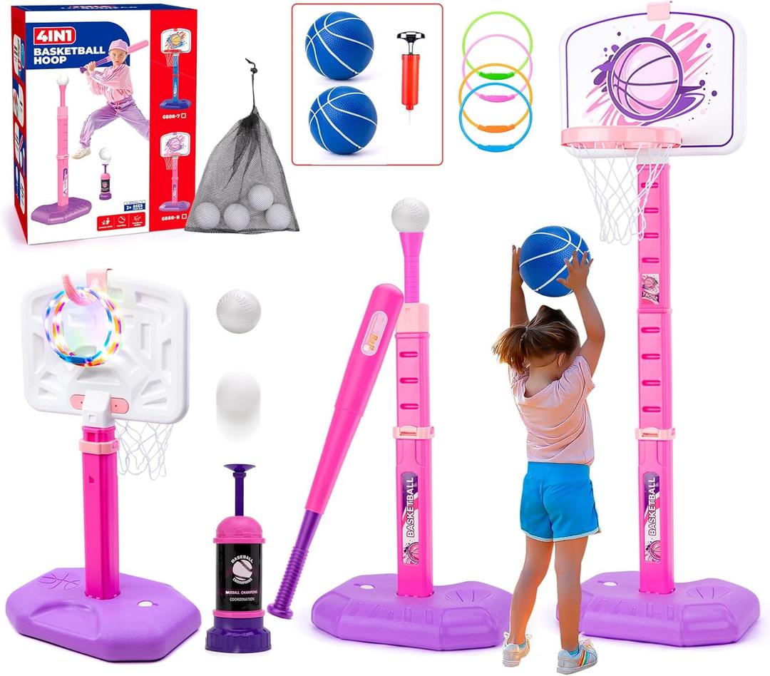 Meland Toddler Basketball Hoop, Pink 4-in-1 Kids Basketball Hoop for Indoor Outdoor Play, Tball Set with Baseball Pop Up Machine, Girls Toys Birthday Gift