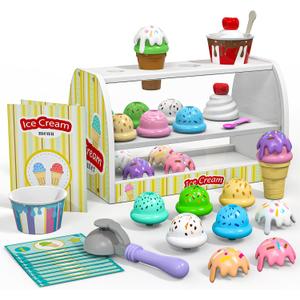 Ice Cream Play Set for Kids - Gifts for 2 3 4 Year Old Girls, Ice Cream Toy Counter Shop Pretend Play Food with Apron, Scoop, Menu, Fake Money, Toys Gifts for Boys Toddlers Ages 2-4 3-5