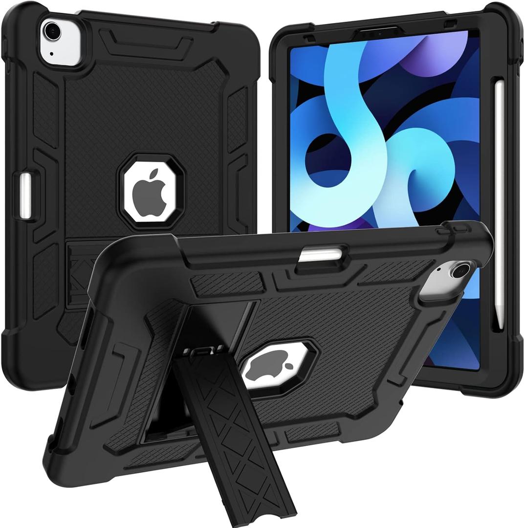 ProCase iPad Air 5 Air 4 10.9 Inch Rugged Protective Case, Heavy Duty Shockproof Case with Pencil Holder Kickstand for iPad Air 5th Gen 2022 Release/ 4th Gen 2020 Release 10.9" –Black
