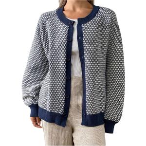 RoseSeek Women's Plaid Button Down Cardigans Crew Neck Long Sleeve Sweaters Knit Tops (M)
