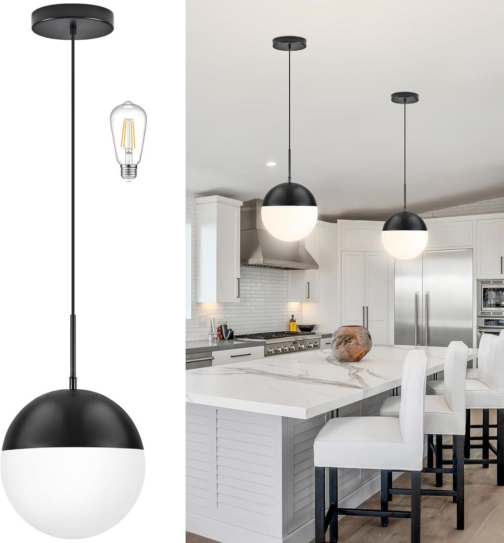 10 Inch Black Mid Century Modern Pendant Light Pendants for Kitchen Island Frosted Milky White Glass Globe Height-Adjustable Modern Hanging Globe Pendant Light for Bedroom (Bulb Incl)