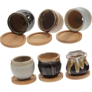 6-Piece Ceramic Succulent Planter Pots Polished Mini Cylinder Indoor Planters Bamboo Tray for Home Office