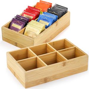 Dicunoy 2 Pack Bamboo Tea Bag Organizers, Wood Tea Bag Storage for Drawers with 6 Roomy Compartments, Sturdy Tea Chest Boxes for Shelf, Coffee Station, Sugar Packet, Sweeteners, Small Packets