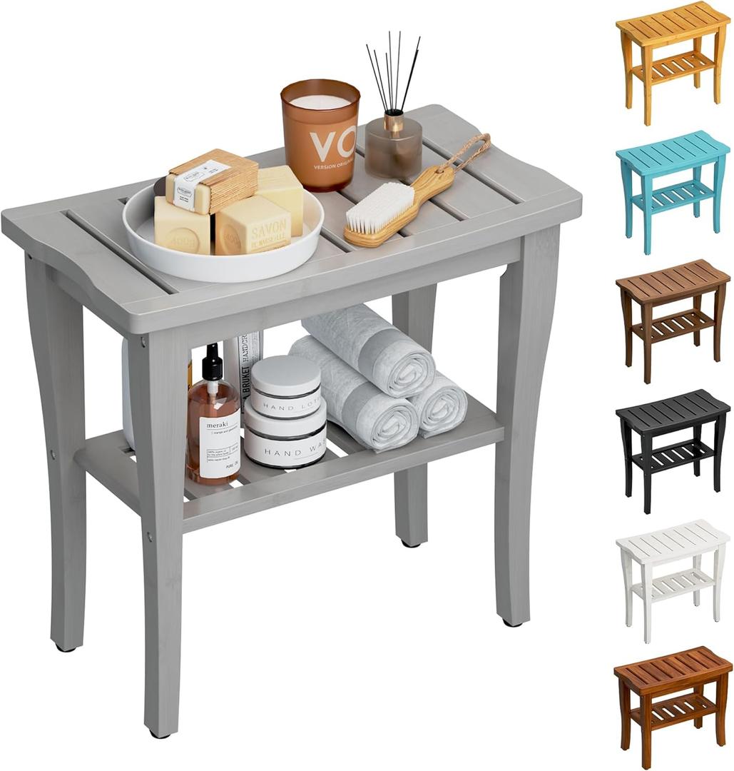 Bamboo Shower Bench Stool with Storage Shelf, Waterproof Shower Chair Spa Bath Seat, Shower Stool for Inside, Bathroom Bench Seat for Adults Elderly Seniors for Indoor or Outdoor Use (Gray)