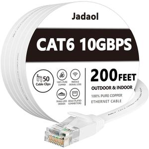 Jadaol Cat 6 Ethernet Cable 200ft (60.96m), Outdoor & Indoor, 10Gbps Support Cat 8 Cat 7 Network, Long Flat Internet Lan Patch Cord, Cat6 High Speed Weatherproof Cable for Router, Modem, Switch, White