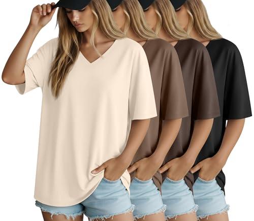 Locoowai 4 Pack Women's Oversized Short Sleeve T Shirts Cotton V Neck Tops Casual Basic Summer Loose Tees Workout Gym Shirts(Black, Dark Brown, Coffee, Cream,XX-Large)