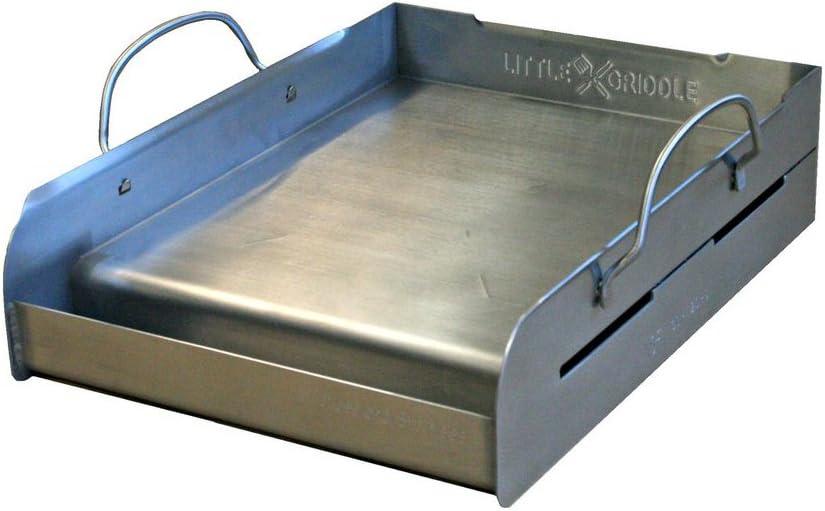 griddle-Q GQ120 100% Stainless Steel Medium-Sized Professional Griddle with Even Heating Bracing and Removable Handles for Charcoal/Gas Grills, Camping, Tailgating, and Parties (14"x16"x6.5")