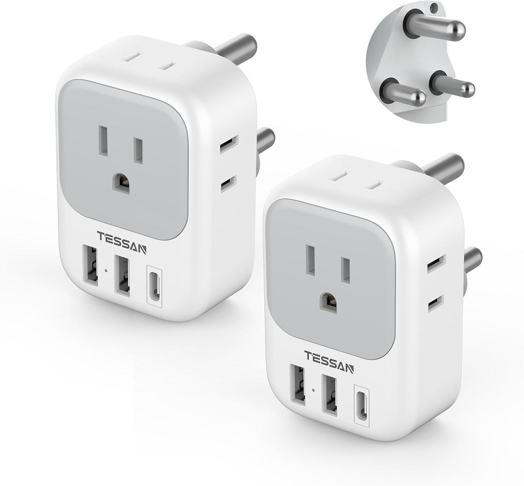 South Africa Plug Adapter 2 Pack, TESSAN Type M Power Adapter with 4 AC Outlets 3 USB Ports(1 USB C), Travel Adaptor US to Botswana Namibia Nepal Bhutan