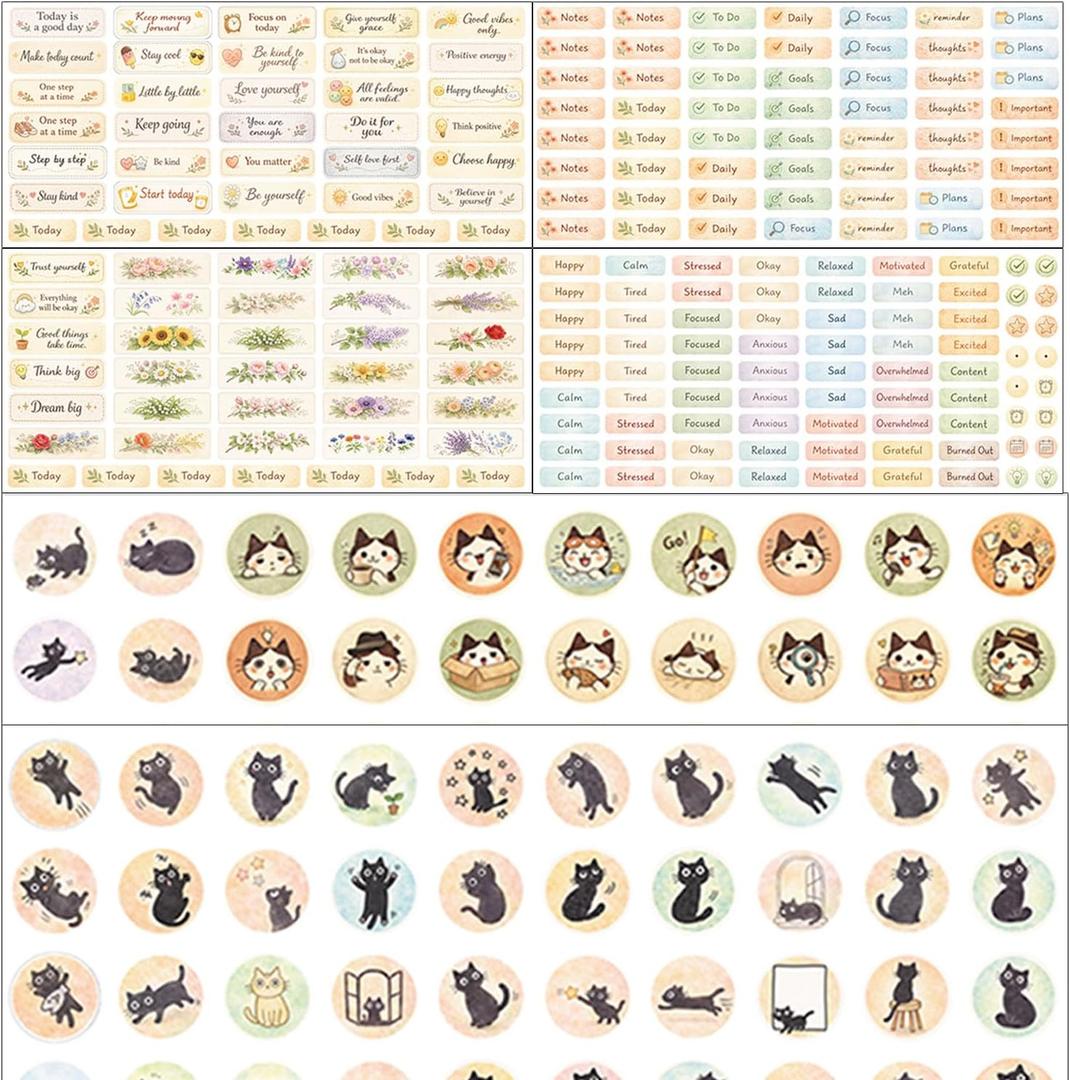 606Pcs Vintage Journaling Stickers Planner Stickers with Labels, Mood & Emotion, Motivational Quotes & Floral Designs Waterproof Vinyl Stickers for Journal, Planner, Laptop & Water Bottle