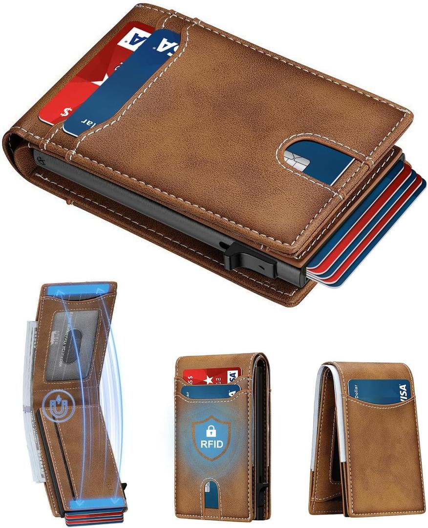 furid Leather Trifold Wallet for Men Slim: Rfid Thin Front Pocket Credit Card Holder - Minimalist Wallets with Metal Plates and Cash Band - Gift for Men Husband Father at Anniversay Birthday