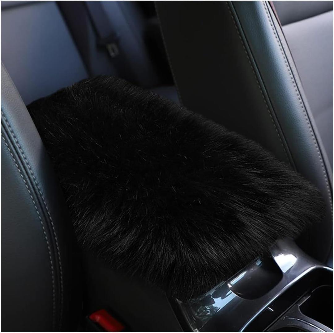 Furry Car Center Console Cover, 11.8"7.9" Sheepskin Wool Armrest Box Cushion Pad, Comfort Soft Auto Center Console Protector, Interior Decor Accessories for Most Vehicles (Black)