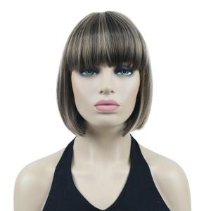 Lydell 8" Straight Short Bob Wigs Heat Resistant Synthetic Hair Flat Bangs Cute Central Dot Skin (L8-124) (L8-124 Brown with hightlights)