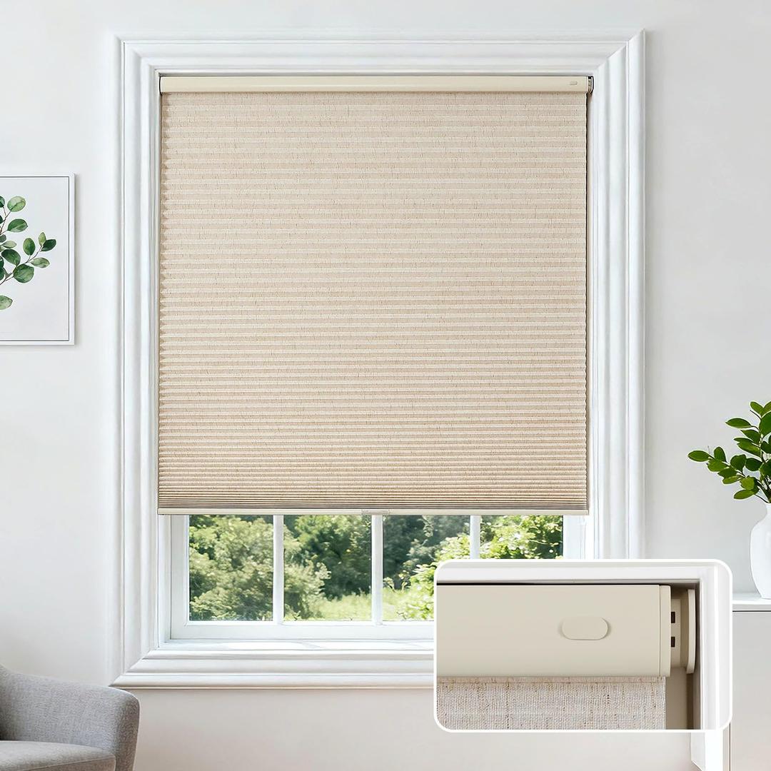Joydeco No Drill Cellular Shades for Windows, Linen Beige, 55" W x 64" H