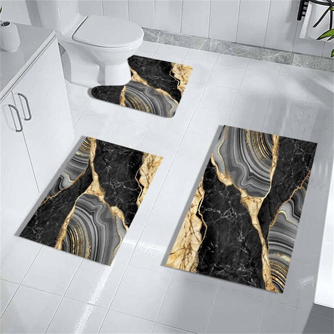 MUGINYU Black and Gold Rug for Bathroom Decor,Black and Gold Bathroom Rugs Sets 3 Piece,Marble Decor Thin Rubber Diatomaceous Earth Quick Dry Rugs with U-Shaped Contour Toilet Mat