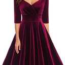 Bbonlinedress Womens Velvet Long Sleeve Formal Wedding Guest Vintage Cocktail Holiday Party Midi Dress (Large)