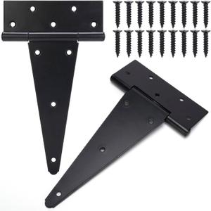 10 Inch T-Strap Gate Hinges, Shed Barn Door Hinges Heavy Duty, Black Tee Hinges for Wooden Fences, Yard Gate, Wrought Hardware Iron Rustproof (2 Pack/Set)
