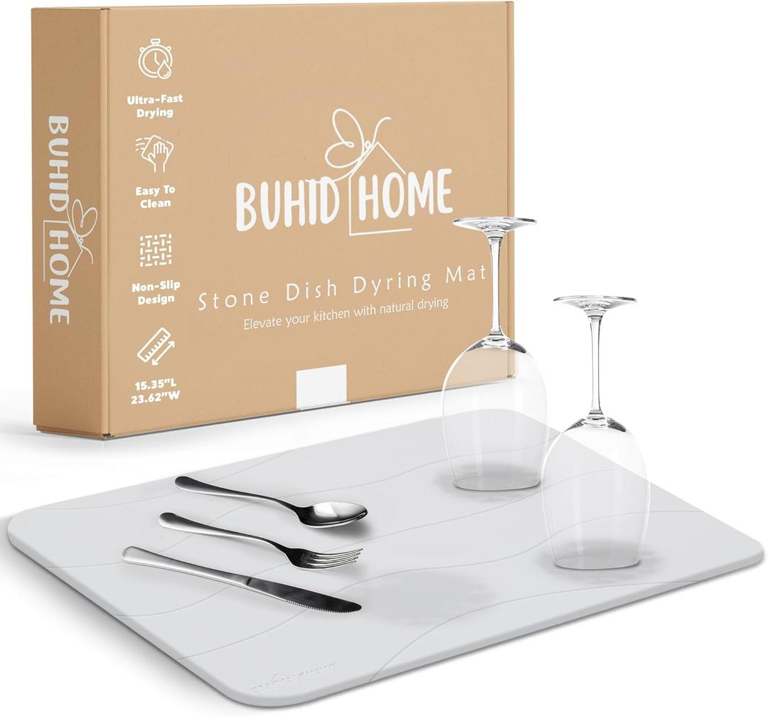 Stone Dish Drying Mat for Kitchen Counter - Absorbent Diatomaceous Earth Stone Dish Drying Mat, Fast Dry, Non-Slip & Heat Resistant Stone Mat - White Stone Mat for Kitchen 23.62x15.35''