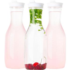 Clear Plastic Water Pitchers Carafes with Flip top Lids Heavy Duty Beverage Pitcher Jug for Juice or iced Coffee Great for Mimosa bar Restuarants ot Schools (3, 50 OZ)