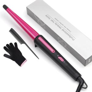 Hair Curling Wand, 0.5-1Inch Tapered Curling Iron, Professional Ceramic Hair Curler Wand with Heat-Resistant Glove, Dual Voltage (Rose Gold) (Magenta)