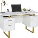 Techni Mobili Storage Drawers and Cabinet 51.25 W-Modern Office Large Floating Desktop Surface Desk, 23.6" D x 51.2" W x 29.8" H, White/Gold