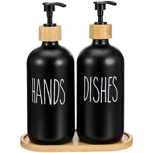Black Glass Soap Dispenser Set - Dish and Hand Soap, Stainless Steel Pump, Kitchen Decor