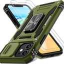 DEERLAMN Case for iPhone 11 with Slide Camera Cover+Screen Protector(2 Packs),Rotated Ring Kickstand Military Grade Shockproof Protective Cover-Olive Green