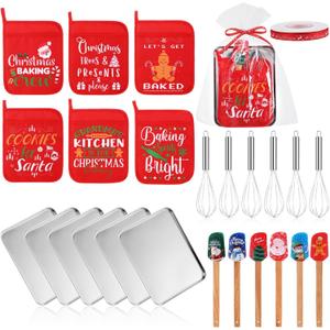 Kritkin 30 Pcs Christmas Kitchen Gift Set Christmas Silicone Spatulas Pot Holders Xmas Cooking Baking Supplies Gift with Pocket Baking Sheet Whisk Spatula for Xmas Party Decor(Retro Style)