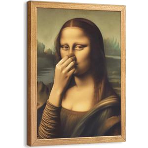 Wood Framed Funny Mona Lisa Canvas Wall Art Bathroom Mona Lisa Classical Wall Decor Pinching Nose Painting Celebrity Classical Vintage Whimsical Posters Pictures Humor Amusing Toilet Prints (10"L x 8"W)