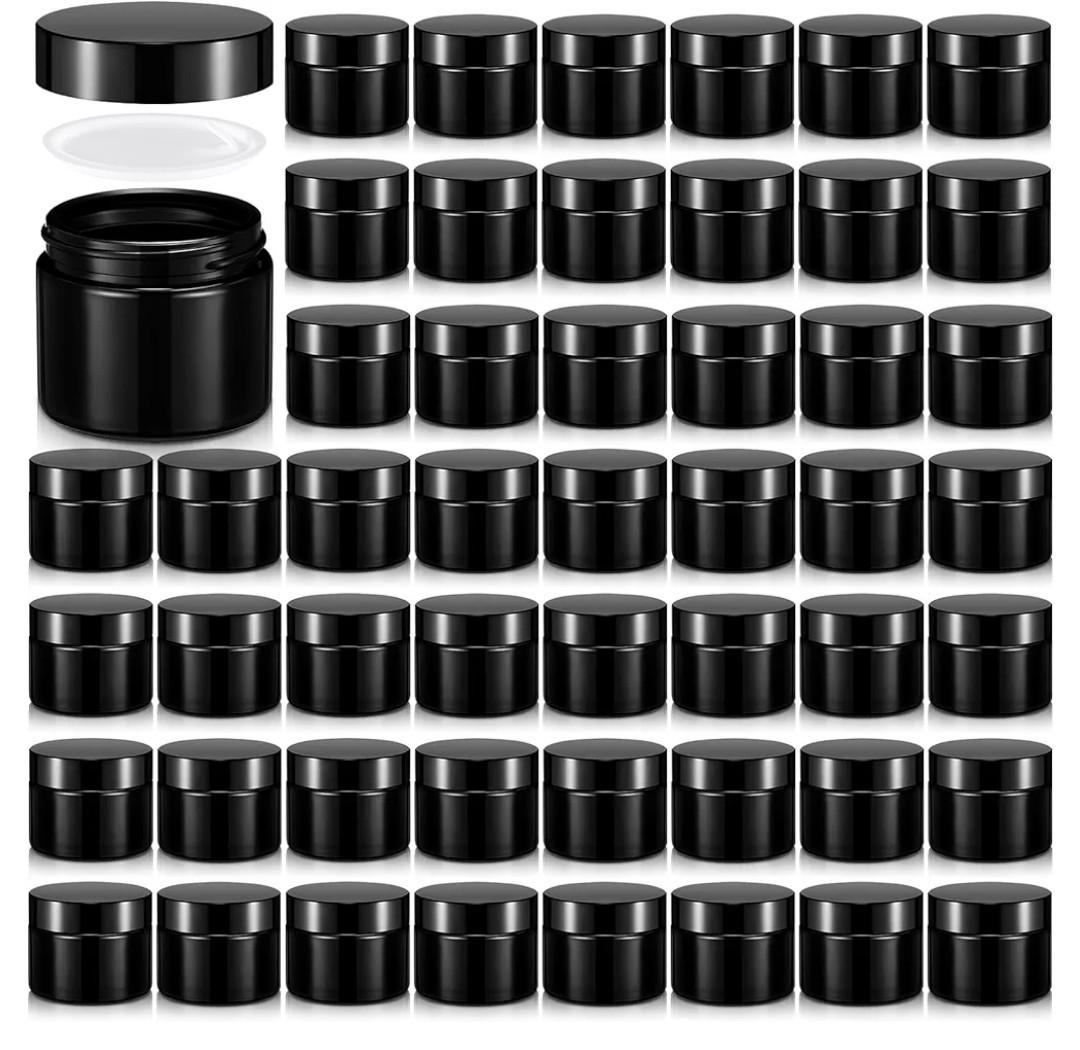 Domensi 48 Pcs 2 oz Glass Jars with Lids Travel Size Round Leakproof Empty Cosmetic Jars with Inner Liners Lid for Storing Makeup Lotions Face Cream Ointments DIY Making (Black)