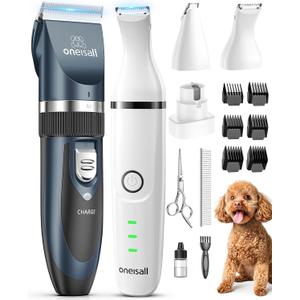 Oneisall 4 in 1 Dog Clippers and Paw Trimmer Grooming Kit, Low Noise Cordless Dog Clippers for Grooming Pet Hair Trimmers for Small and Large Dogs Cats Animals