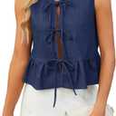 Denim Tops for Women Jean Vest Top Sleeveless V Neck Waistcoats Suit Denim Vest Bow Tie Front Peplum Crop Tank Tops (Blue, M)