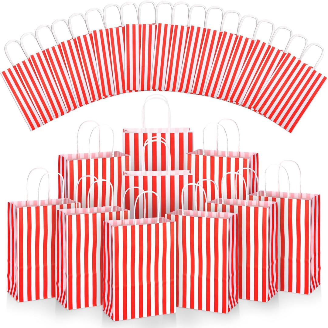 Skyygemm 32 Pcs Paper Gift Bags Bulk with Handle, 6.3 x 3.2 x 8.6 Inch Assorted Colors Kraft Goodie Candy Treat Gift Wrap Bags for Carnival Valentine Birthday Party Favor (Red and White)