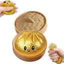 Dumpling Squishy, New Mystery Glitter Dumpling Squishies with Steamer, Sensory Squeeze Toy for Stress Relief, Soft Decompression Dough for Adults Office and Home Use(Golden)