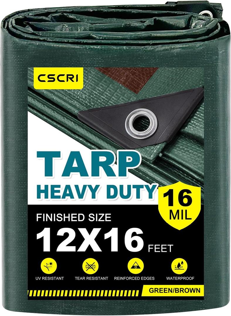 16Mil Tarps Heavy Duty Waterproof 12x16 Finished Size, Large Outdoor Multipurpose Protective Cover (Green/Brown)