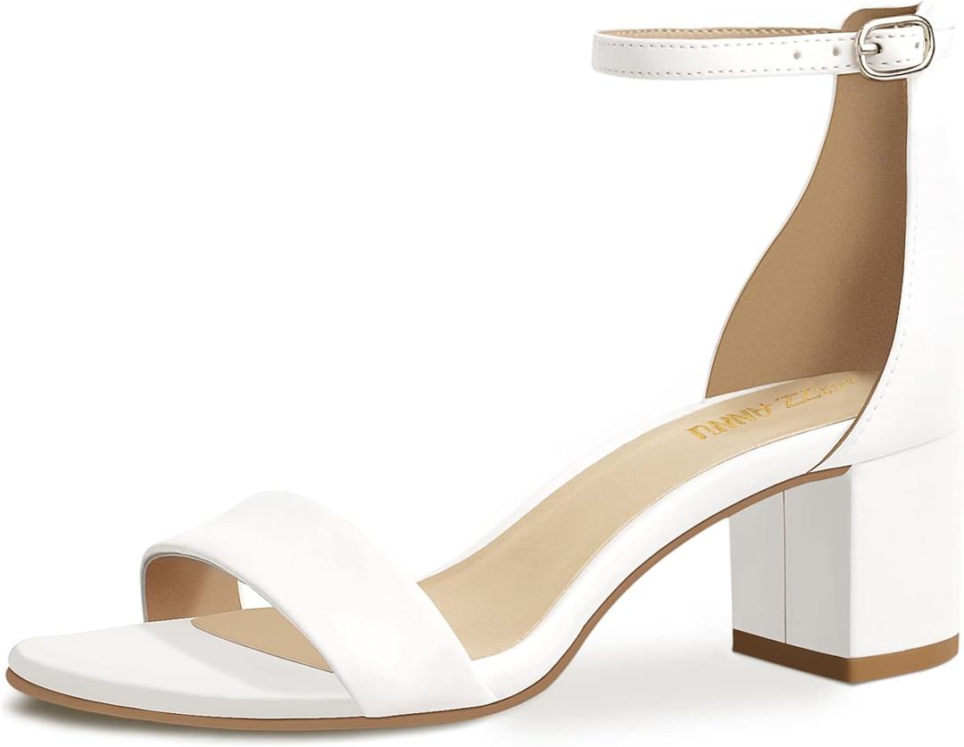 PIZZ ANNU Women's Low Block Chunky Heels Sandals Comfortable Open Toe Ankle Strap Party Dress Pump Shoes Strappy Buckle Heeled Sandal with 2 Inches Tall Thick Heel Design (8, White)