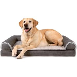 Furhaven Orthopedic Dog Bed for Large/Medium Dogs w/ Removable Bolsters & Washable Cover, For Dogs Up to 55 lbs - Luxe Faux Fur & Performance Linen Sofa - Charcoal, Large