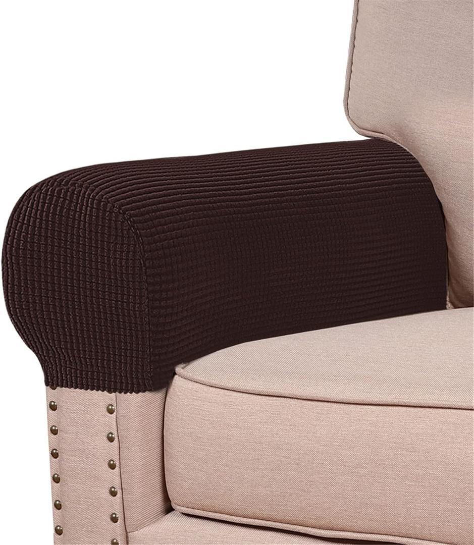 Stretch Armrest Covers (Set of 2)  Anti-Slip Spandex Jacquard Furniture Protectors for Chairs, Sofas & Recliners  Washable & Durable Slipcovers (Brown)
