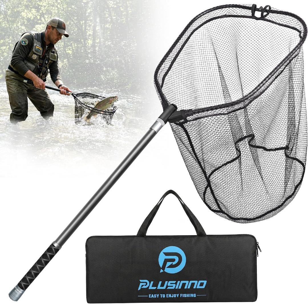 PLUSINNO Large Fishing Net, 3.4-7.7 FT Carbon Fiber Fish Net with Long Telescoping Handle, Kayak Fishing Gear Accessories Foldable Landing Net for Bass, Trout, Catfish, Fishing Gifts for Men Father, 3.4 FT Not Extendable