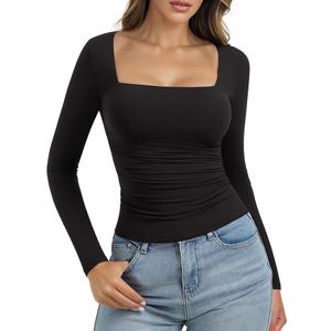 PINKMSTYLE Womens Square Neck Long Sleeve Top Warm Double Lined Shirt for Casual Work Going Out Outfit, S